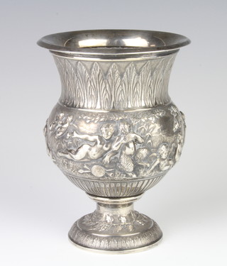A good Victorian silver plated repousse cup decorated with a bacchanalian scene  with figures of Pan and lady, 14cm 