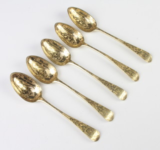 Five Victorian silver gilt teaspoons, London 1842, 116 grams 