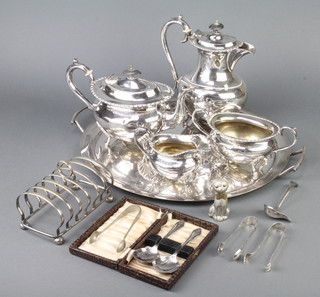 A 4 piece silver plated tea set with egg and dart rim and minor other plated wares 