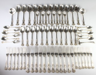 A good matched set of Victorian Kings Pattern cutlery comprising 6 egg spoons, 11 tea spoons, 12 dessert spoons, 12 table spoons, 2 sauce ladles, a sifter spoon, 12 dessert forks, 12 dinner forks, mixed dates, London 1840, 1845 and 1853, 4775 grams 
