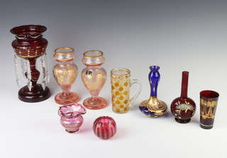 A Victorian red glass lustre with clear glass drops 24cm and minor coloured glassware