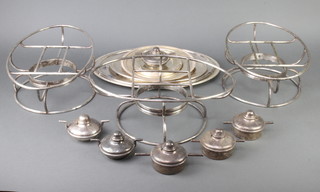 Three oval silver plated entrees, minor burners and stands 