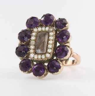 A yellow gold amethyst and seed pearl memoriam ring (ex brooch) size O 