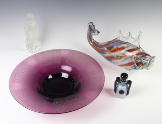 A Murano style glass fish 35cm, a scent bottle, frosted figure of a mermaid and a fruit bowl 