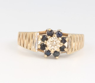 A 9ct yellow gold sapphire and diamond cluster ring size P, 3.7 grams