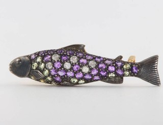 A silver gilt Edwardian style diamond and amethyst bar brooch in the form of a fish 