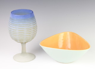 A Studio Glass goblet shaped vase 20cm and a triangular bowl 