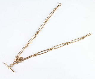 A 9ct yellow gold fancy link Albert with matching T bar and clasps, 30.2 grams, 42cm 