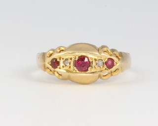 An 18ct yellow gold ruby and diamond ring, size P 1/2, 1.9 grams