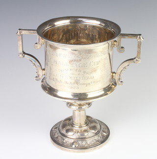 A silver 2 handled golfing trophy with presentation inscription Music Industries Golfing Society Challenge Cup Presented by C O Whitfield for 18 Hole Medal Competition 1925, London 1924, 23cm, 804 grams 