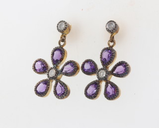 A pair of silver gilt daisy, amethyst and diamond earrings 