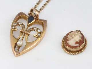 A 9ct yellow gold seed pearl pendant and chain together with a cameo pendant 