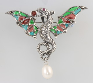 A silver, enamelled and pearl dragon brooch, 5cm x 6.5cm 