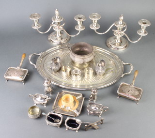 A pair of silver plated 2 light candelabra and minor plated items
