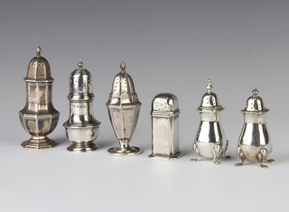 A silver octagonal pepperette Birmingham 1927 and 5 other condiments, 223 grams 