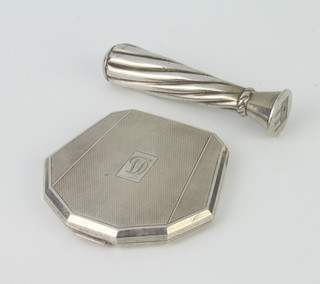 A silver engine turned shell shaped compact and a desk seal, 107 grams