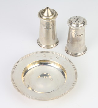 A silver Armada dish London 1959 and a pair of silver tapered condiments Sheffield 1933, 220 grams 