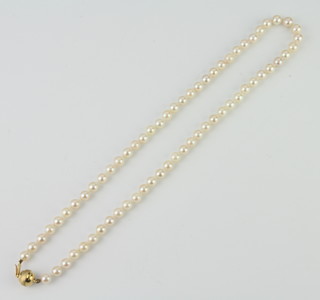 A string of cultured pearls with a 9ct yellow gold gold ball clasp 52cm 