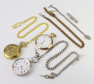 A silver cased keywind pocket watch on a ditto Albert, a gold plated pocket watch and chain and a gilt pocket watch and chain 