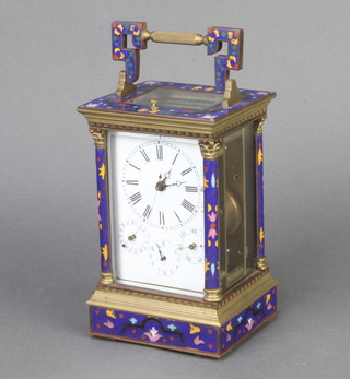 A reproduction 19th Century striking carriage clock with enamelled dial and second hand, contained in a cloisonne enamelled style case 
