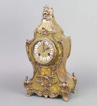 A 19th Century French 8 day striking mantel clock contained in a green and floral painted shaped case with gilt metal mounts, the back plate marked J.JS 7424 
