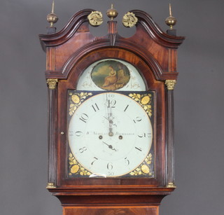 William Nicholas of Birmingham, an 18th Century 8 day striking longcase clock, the 36cm arched dial painted a figure of a seated shepherdess and acorn spandrels and having minute indicator and hour dial, contained in an inlaid mahogany case with turned and fluted columns to the side complete with pendulum and weights, 241cm high 