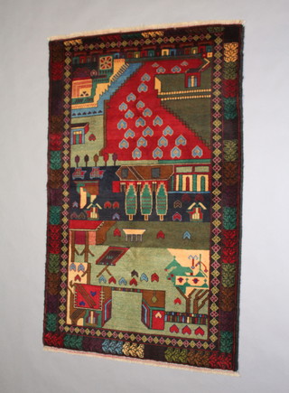 A green, red and blue ground pictorial Baluchi rug 140cm x 90cm 