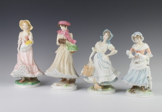 Four Royal Worcester figures - The Milk Maid no.379/9500 22cm, Winter no.2414 of 7500 25cm, Shepherdess no.1951 of 9500 20cm and Spring no.1717 of 7500 25m 
