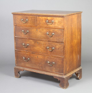 An 18th Century oak and pine chest of 2 short and 3 long drawers, raised on bracket feet, 97cm h x 89cm w x 47cm d 