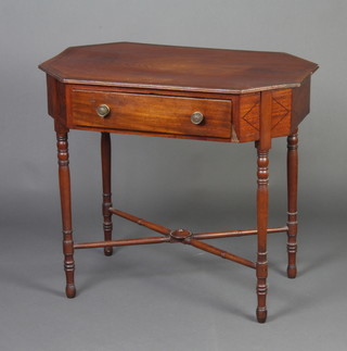 A Georgian octagonal crossbanded mahogany occasional table, fitted a frieze drawer, raised on turned supports with H framed stretcher 73cm h x 82cm w x 52cm d 