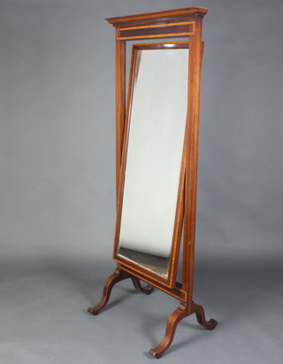 An Edwardian rectangular bevelled plate cheval mirror contained in an inlaid mahogany frame with moulded cornice and Grecian key frieze, raised on outswept supports 188cm h x 30cm w x 54cm d  