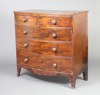 A 19th Century mahogany bow front chest of 2 short and 3 long drawers with tore handles, raised on outswept bracket feet 103cm h x 105cm w x 52cm d 