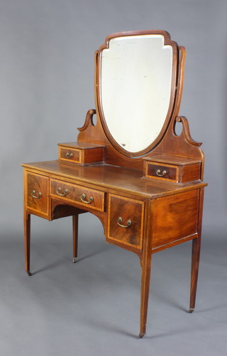 An Edwardian inlaid mahogany dressing table with shield shaped mirror, fitted 2 glove drawers above 1 long and 2 short drawers, raised on square tapered supports 179cm h 114cm w x 50cm d 