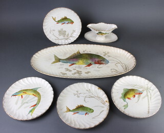 A French transfer print fish service comprising serving plate, 7 dinner plates and a sauce boat 