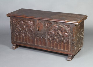 A 17th/18th Century Continental carved oak coffer with iron lock 60cm h x 121cm w x 43cm d  