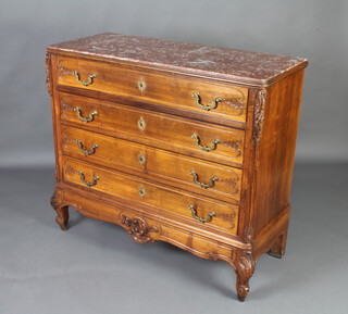 A 19th Century Continental walnut commode/chest with pink veined marble top, fitted 4 long drawers with brass drop handles, raised on shaped supports 106cm h x 117cm w x 50cm d 