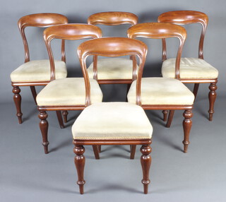 John Taylor and Sons of Edinburgh, a set of 6 Victorian mahogany spoon back dining chairs with overstuffed seats, raised on turned supports, bases marked John Taylor and Sons C2665