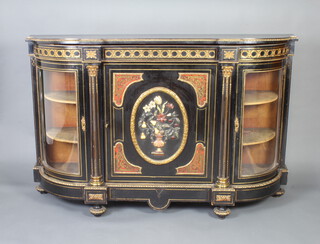 A Victorian ebonised D shaped credenza, with cupboard to the centre enclosed by a panelled door with oval pietra dura plaque of a vase of flowers and having red and gilt boulle panels to the corners, flanked by a pair of cupboards 113cm h x 178cm w x 49cm d 