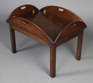A 19th Century style mahogany drop flap butler's coffee table, raised on square tapered supports 56 cm (with flaps up) 44cm h  (when down) x 37cm l (up) x 102cm (down) x 56cm w (up) x 78cm (down)   