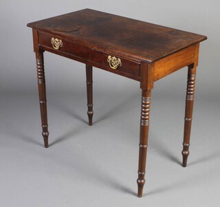 A Victorian mahogany side table fitted 1 long drawer, raised on ring turned supports 77cm h x 84cm w x 47cm d 