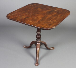 A 19th Century square mahogany snap top tea table raised on turned column and tripod base 69cm h x 70cm w x 71cm d 