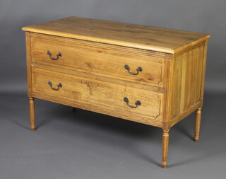 A 19th/20th Century Continental light oak chest of 2 long drawers with brass swan neck drop handles, raised on turned and fluted supports 80cm h x 120cm w x 58cm d 