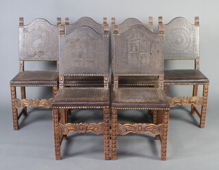 A set of 6 Italian style carved walnut and leather dining chairs with upholstered seats and back and  stud work decoration
