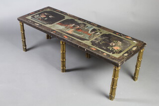 A rectangular Chinese lacquered panel decorated geisha girls and birds, raised on 6 gilt metal faux bamboo supports to form a coffee table, 41cm h x 127cm w x 45cm d 