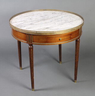 A 19th Century circular French walnut occasional table with white veined marble top and pierced gilt gallery, fitted 2 short drawers, 2 brushing slides, raised on turned and fluted supports 69cm h x 178cm diam. 
