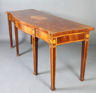 A Georgian Chippendale style inlaid and crossbanded mahogany serving table of serpentine outline fitted 1 long drawer flanked by 2 short drawers, raised on 6 tapered supports ending in spade feet 91cm h x 209cm w x 78cm d 