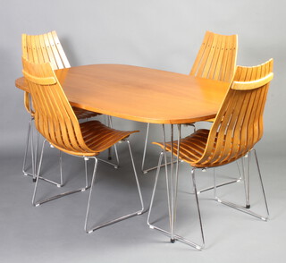Hans Brattrud for Hove Mobler, a  mid 20th Century Danish teak and chrome dining suite comprising oval topped dining table, raised on chrome hair pin supports 70cm h x 159cm l x 98cm w, together with a set of 4 slatted teak and chrome dining chairs.
