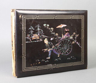 A 19th/20th Century Japanese lacquered photograph album, the cover decorated a rickshaw  together with a modern miniature table screen 