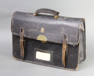 A 1960's Elizabeth II Civil Service black leather briefcase with Royal Cypher, interior marked B.H. and G Ltd 1964 28cm h x 41cm w x 11cm d 