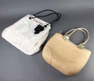 Maddalena Marconi, a lady's white sequined handbag with applied leather rose decoration 36cm  x 44cm x 15cm, together with a Coach raffia bag with gilt and leather handles the interior labelled Coach and numbered MO868-F13373